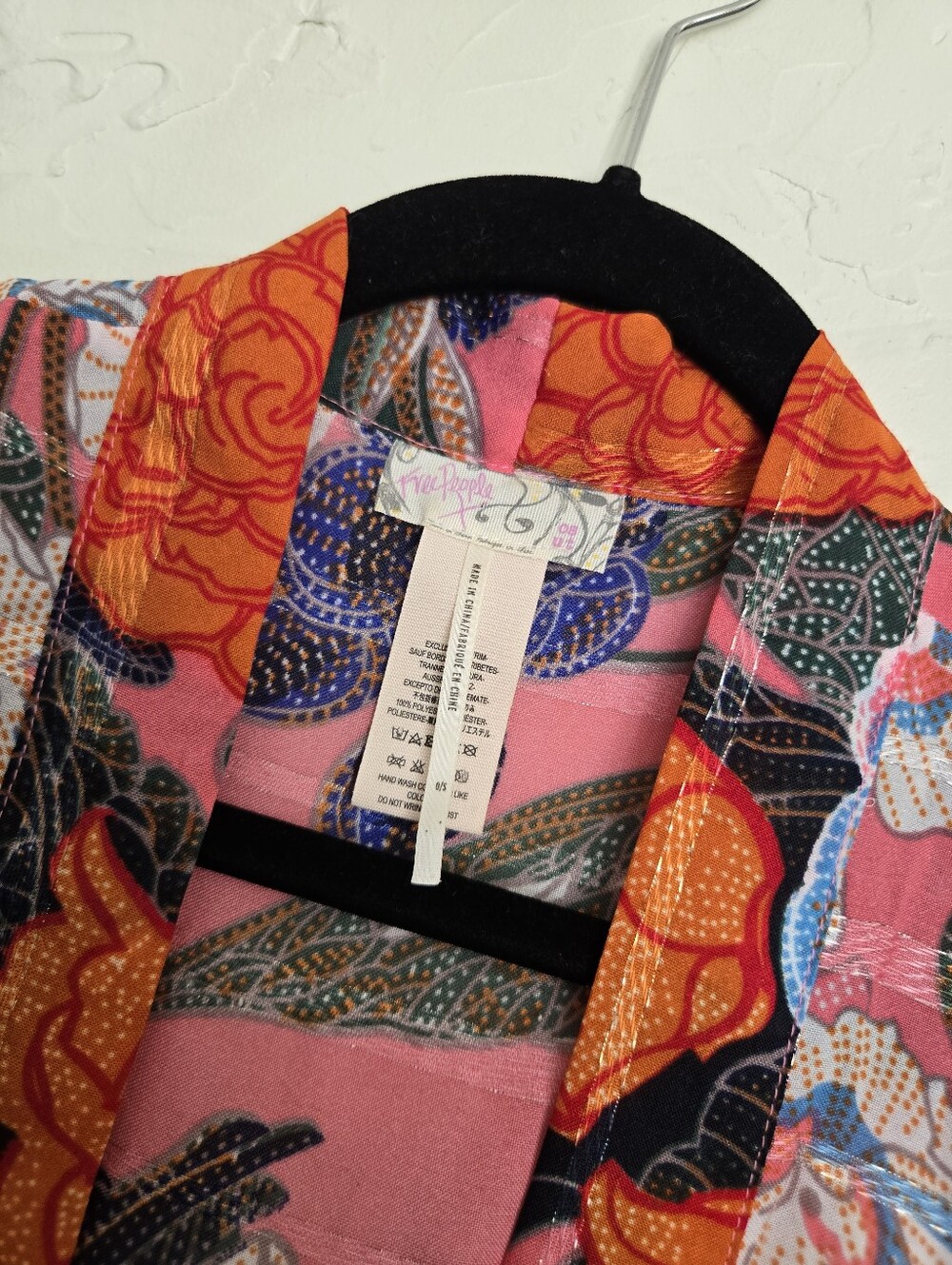 Free People Metallic Stripe Floral Drawstring Waist Pink Orange Kimono Top, OS - Picture 9 of 11